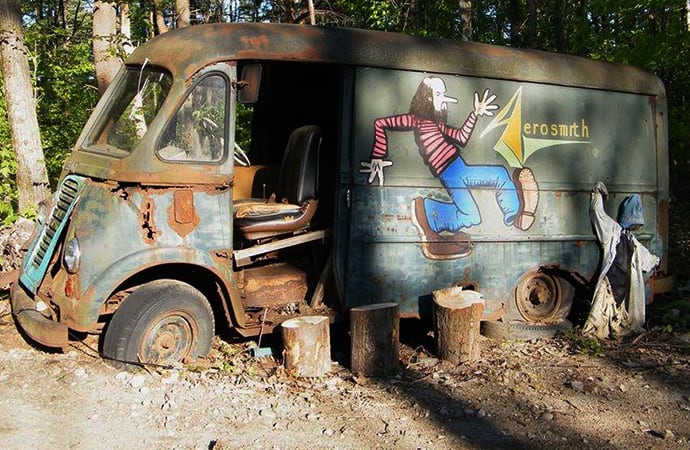 This photo shows legendary rock band Aerosmith's original touring van, a 1964 International Harvester Metro. The photo was uploaded to Twitter and shared by the new owners, the host of History Channel's American Pickers. | Twitter photo/@KConz20