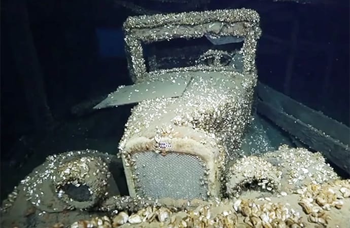 This 1927 Chevrolet coupe was found in a shipwreck about 200 feet below the surface of Lake Huron. | Screenshot