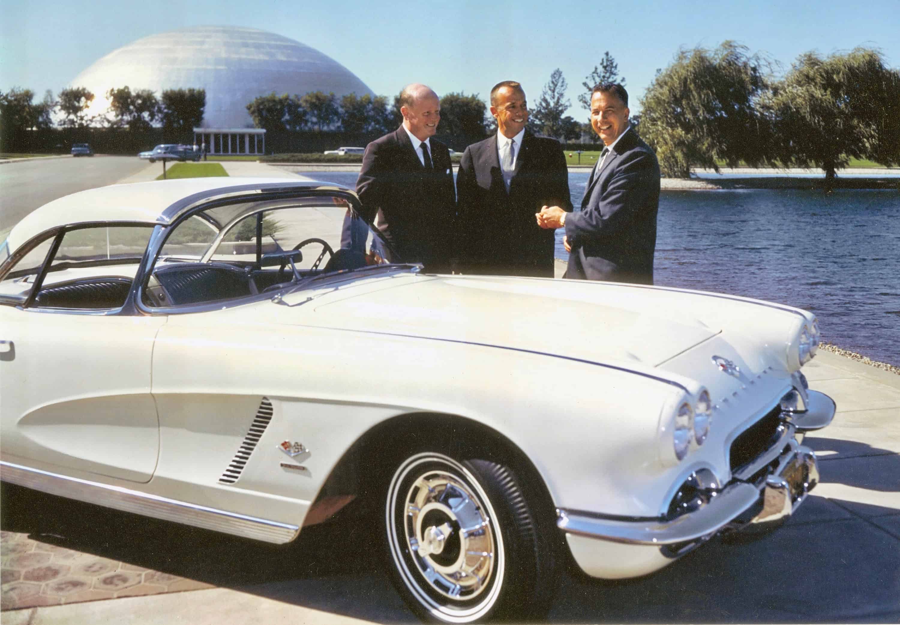 Astronaut Alan Shepard (center) visits the General Motors tech center with design director Bill Mitchell (left) and Chevy general manager Ed Cole to pick up his 1962 Corvette | Museum photo