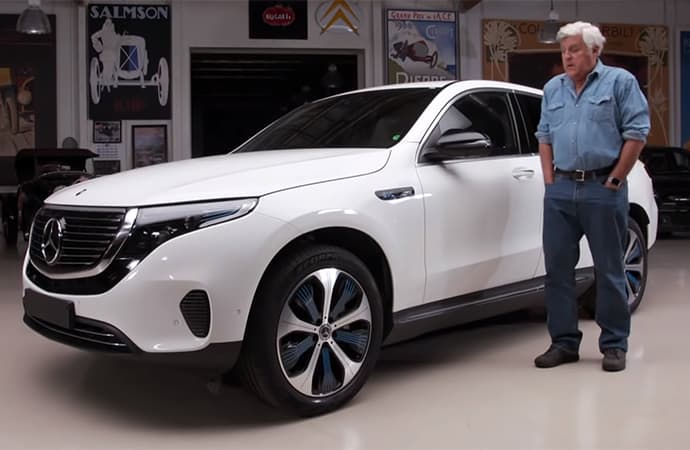 Jay Leno was one of the first to inspect the new all-electric SUV from Mercedes-Benz, the EQC, which won't be released in the U.S. until next year. | Screenshot