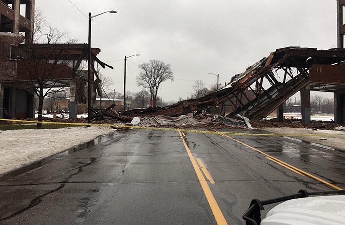 The bridge of the former Packard factory is shown after the collapse. | Twitter photo/@HistoricDET