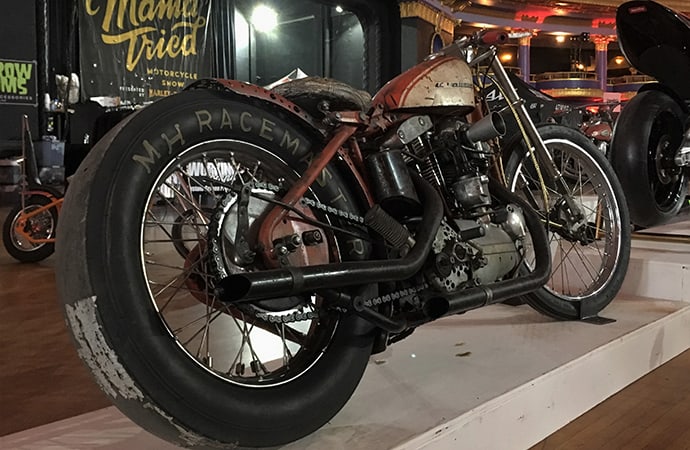 The competition vibe of this 1960 Harley-Davidson XLCH dragster from Full Moon Cycles makes it my pick for Best Den Art at the Mama Tried motorcycle show. | William Hall photos