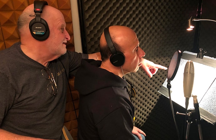 The Last Open Road author Burt Levy (left) gives script instructions to Jim Pittacora, who plays the mean-spirited Mr. Palumbo in the new audiobook. | Burt Levy photo