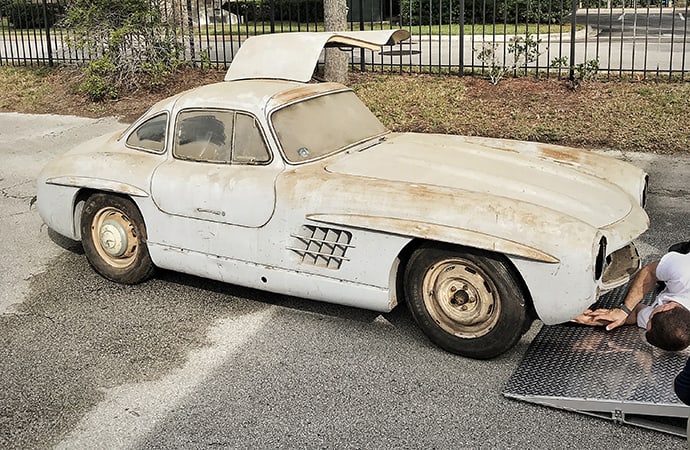 A 1954 Mercedes-Benz 300SL Gullwing coupe that hasn't been driven in decades will be at this year's Amelia Island Concours d'Elegance -- dust and all. | Mercedes-Benz Classic Center photos