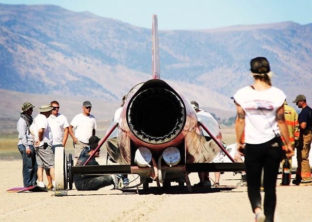 Jessi Combs approaches the car before her speed-record attempt