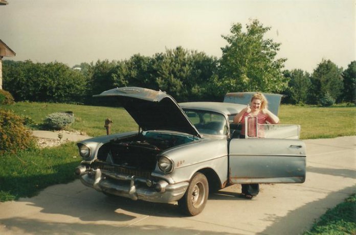 Bugjo with her 1957 Chevy Bel Air before its restoration | Kelsey Bugjo and Speedway Motors photos