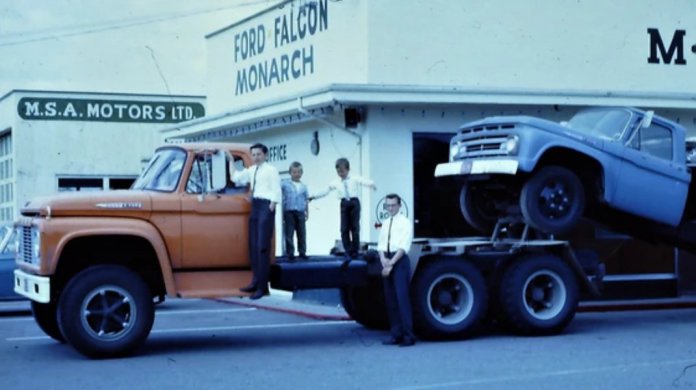 The Friesen brothers with a load of 1963 Ford trucks being delivered to their father’s dealership | Terry Friesen photo