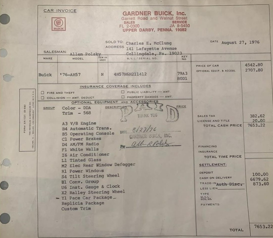 1976 Buick Century Indy Pace Car dealer invoice