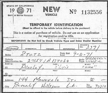 Elvis' temporary registration for the 1971 Stutz Blackhawk