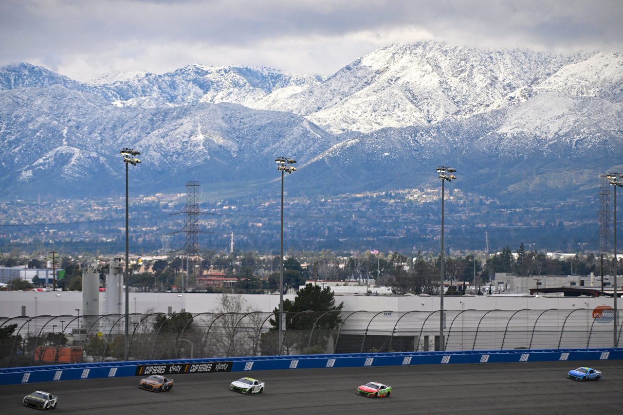 FONTANA, CALIFORNIA - FEBRUARY 26: A general view of racing during the NASCAR Cup Series Pala Casino 400 at Auto Club Speedway on February 26, 2023 in Fontana, California. (Photo by Logan Riely/Getty Images)v