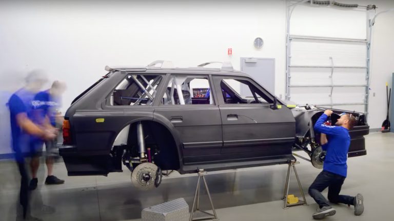 Travis Pastrana's Subaru Family Huckster Gymkhana car being assembled